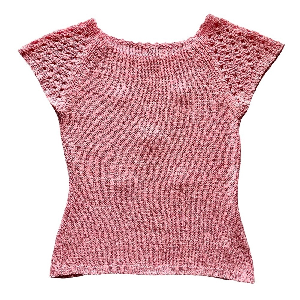 Pink Hand Knit Cap Sleeve Crew Neck Stretch Top SzS - Picture 8 of 10